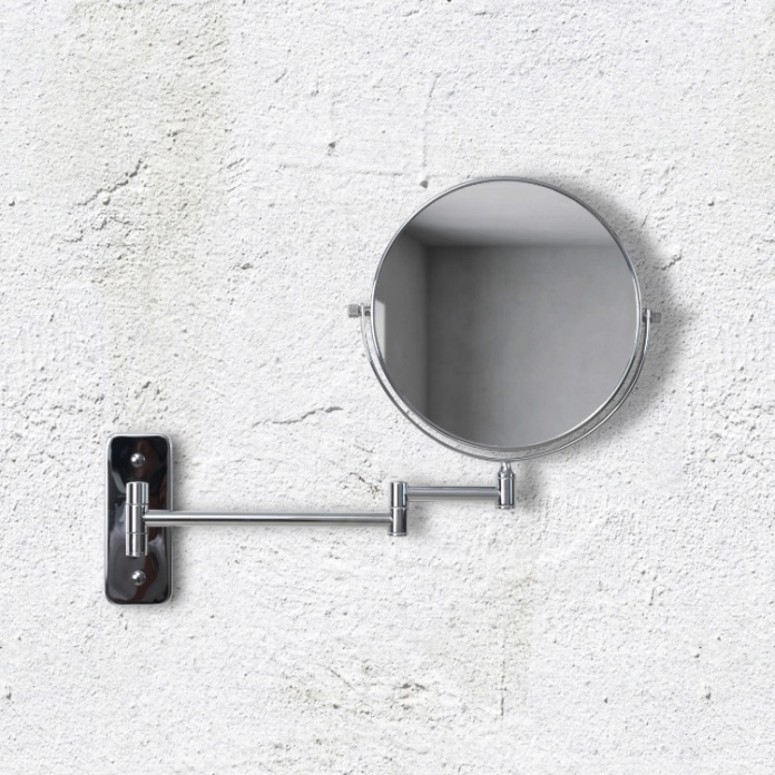 Close up product image of the Origins Living Mason Chrome Reversible 7X Magnifying Wall Mirror with its arm fully extended